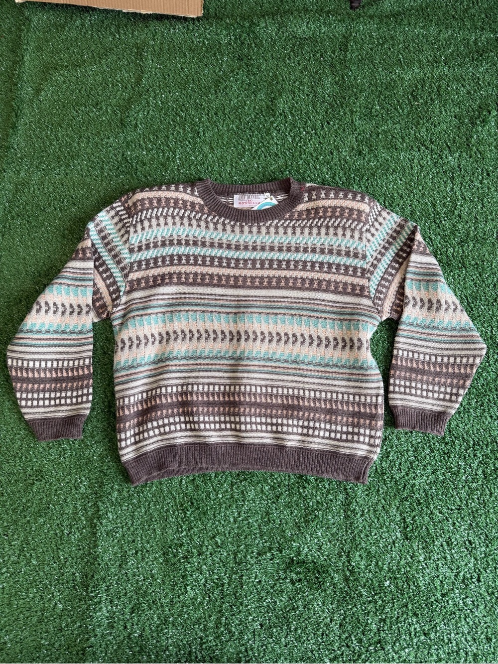 Vintage Patterned Crewneck Sweater in Brown and Cream with Mint Accents